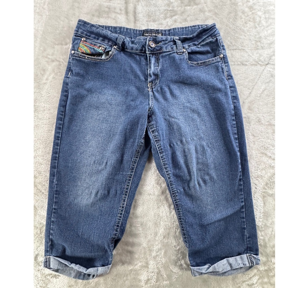 Vintage Harlem‎ Stretch Capri Jeans Womens 16 Y2K Rainbow Stitch Denim Cropped